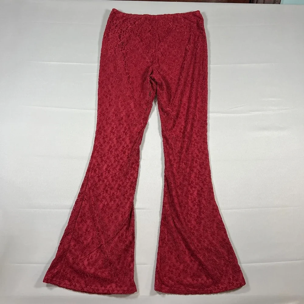 Pretty Little Thing Sheer Lace Flared Leg Pants Womens 8 Maroon High Waisted
